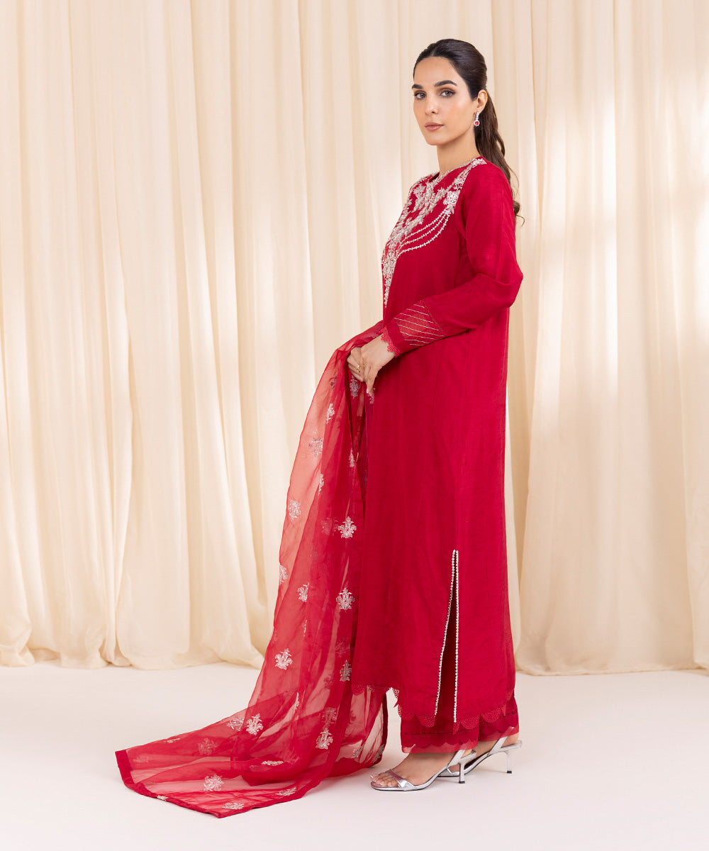 Women's Pret Raw Silk Red Embroidered Three Piece Suit