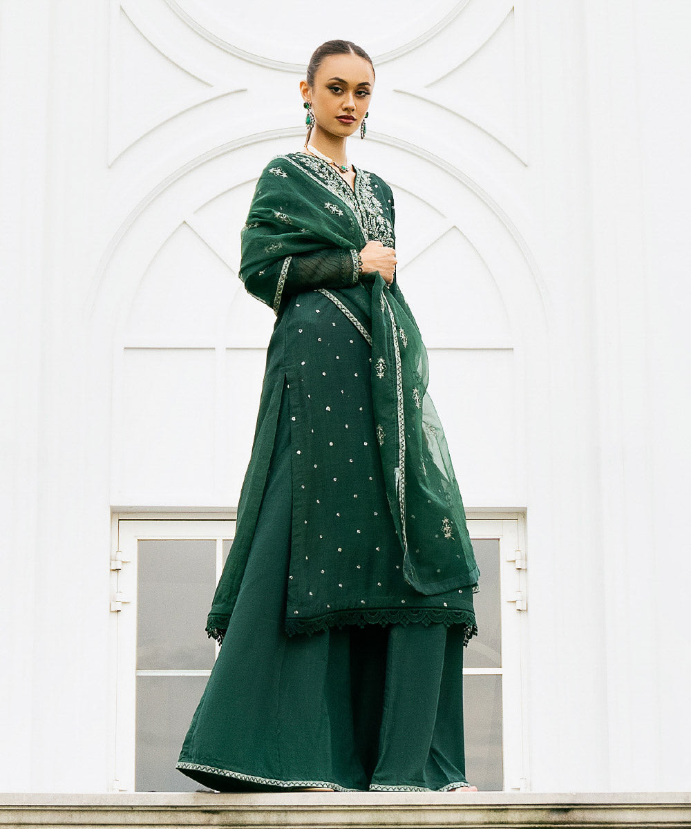 Women's Pret Raw Silk Green Embroidered Three Piece Suit