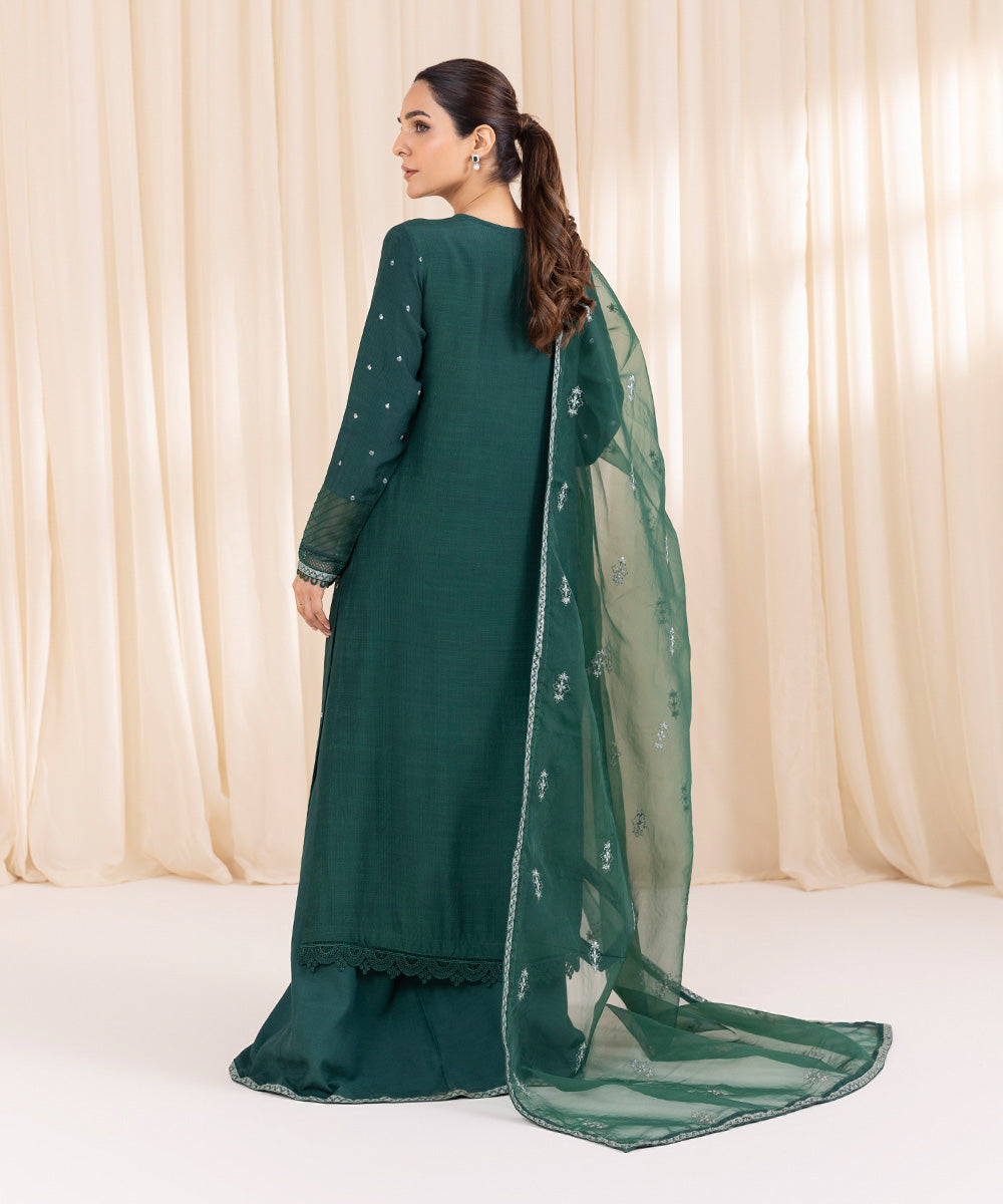 Women's Pret Raw Silk Green Embroidered Three Piece Suit