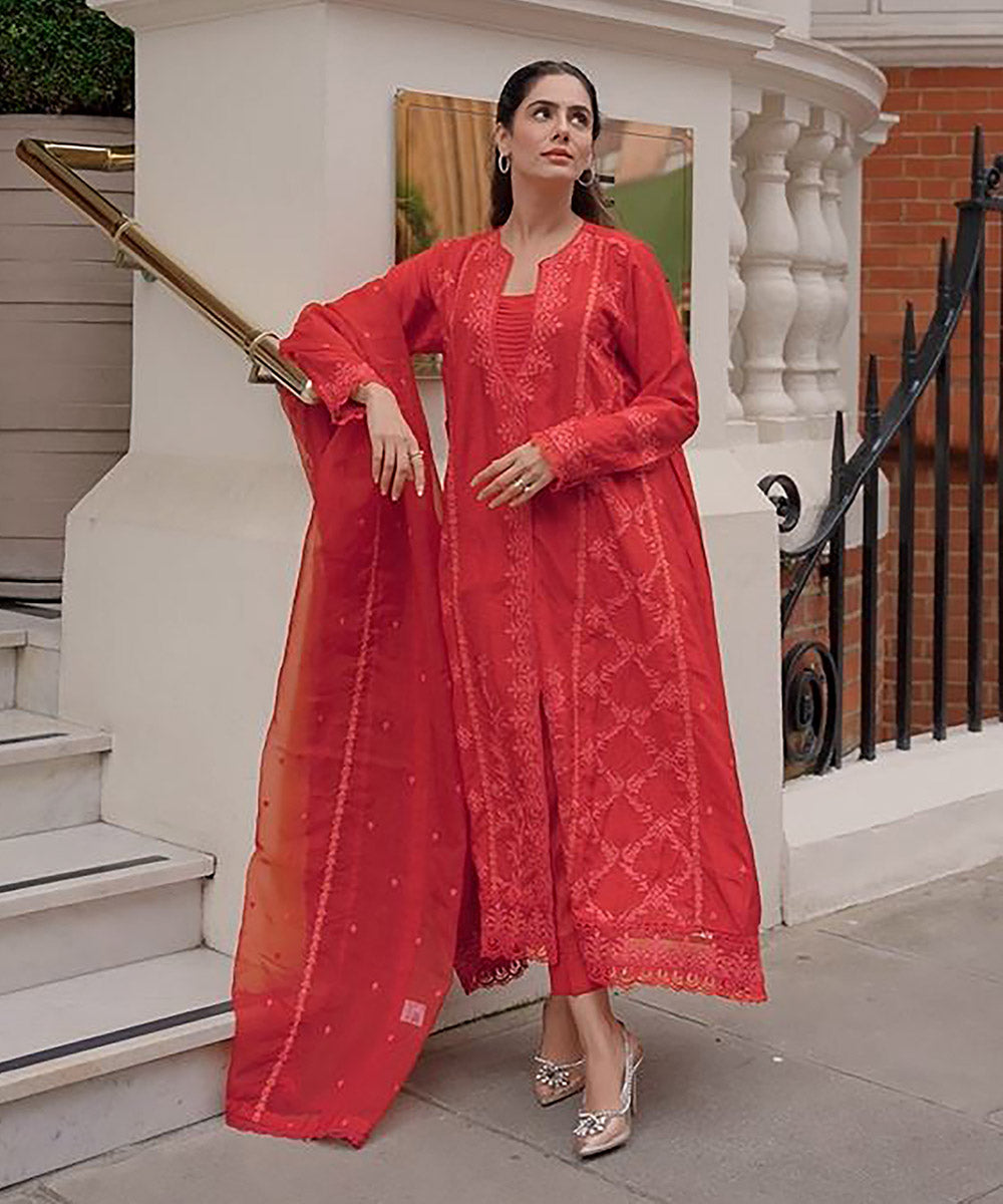 Women's Pret Raw Silk Embroidered Red 3 Piece Suit