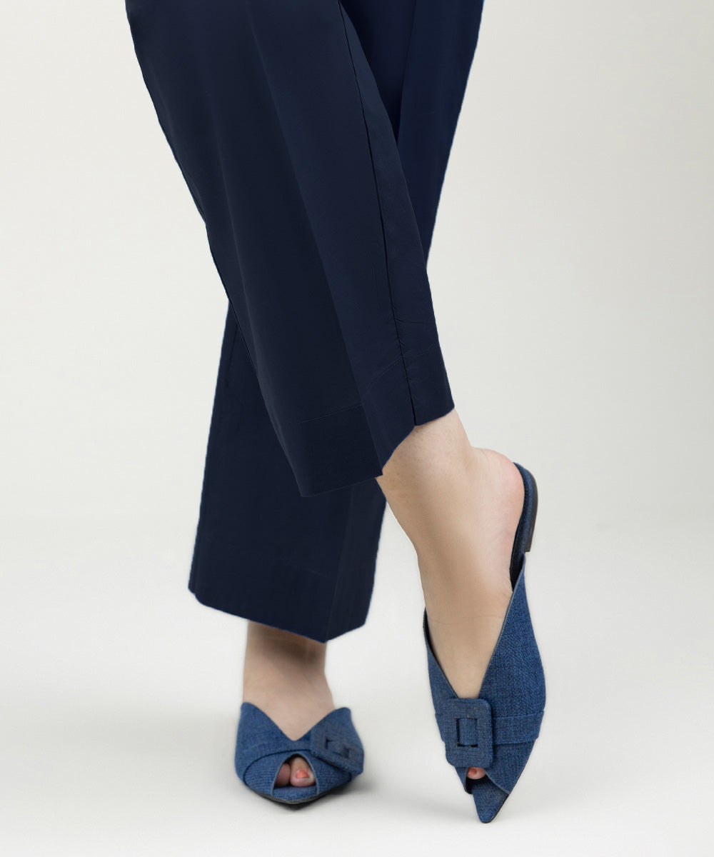 Women's Pret Linen Solid Navy Blue Straight Pants