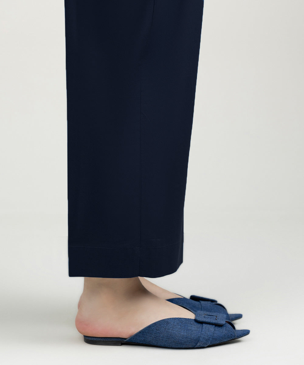 Women's Pret Linen Solid Navy Blue Straight Pants