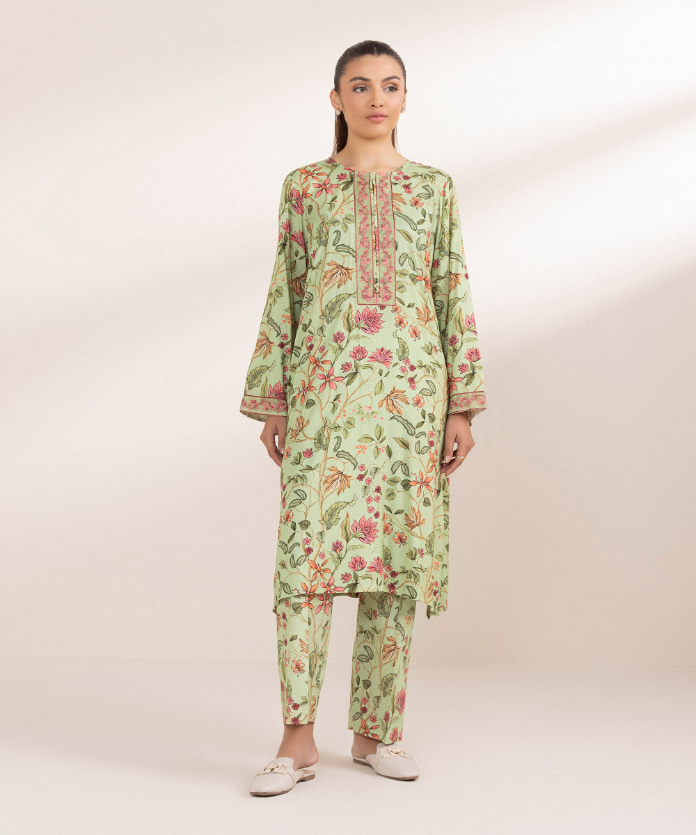 Women's Pret Arabic Lawn Embroidered Green A-Line Shirt