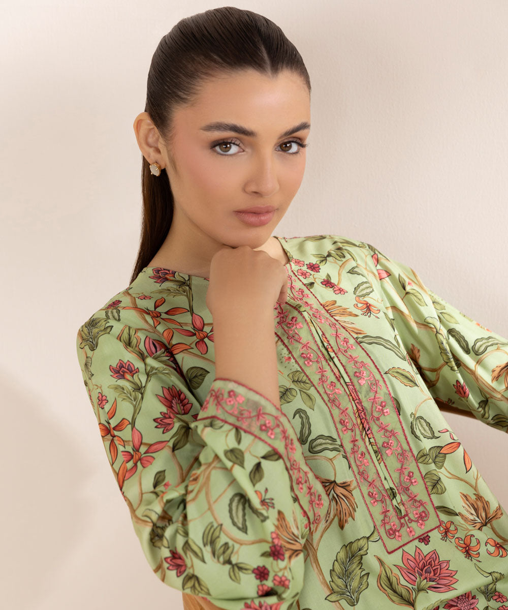 Women's Pret Arabic Lawn Embroidered Green A-Line Shirt