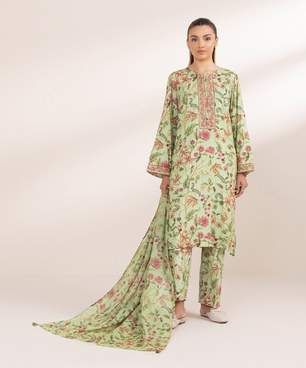 Women's Pret Arabic Lawn Embroidered Green A-Line Shirt