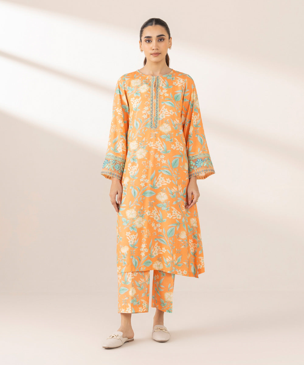 Women's Pret Arabic Lawn Embroidered Orange A-Line Shirt