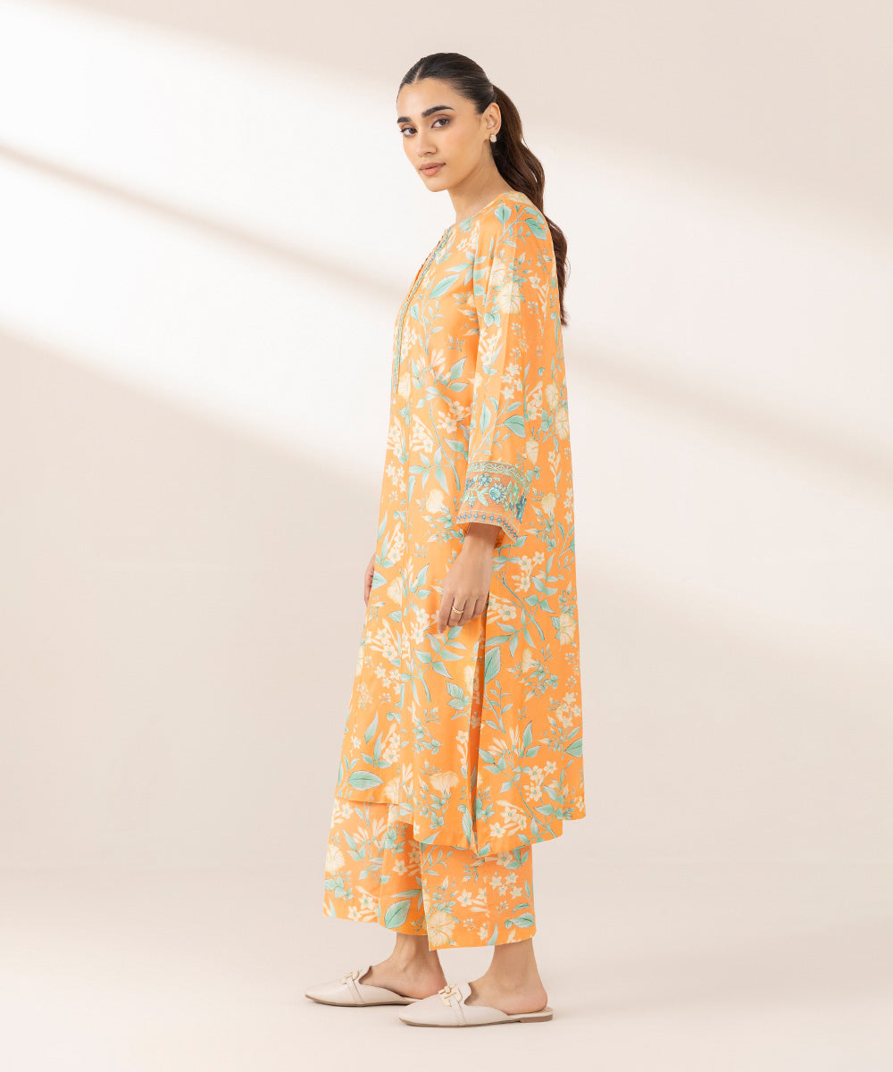 Women's Pret Arabic Lawn Embroidered Orange A-Line Shirt