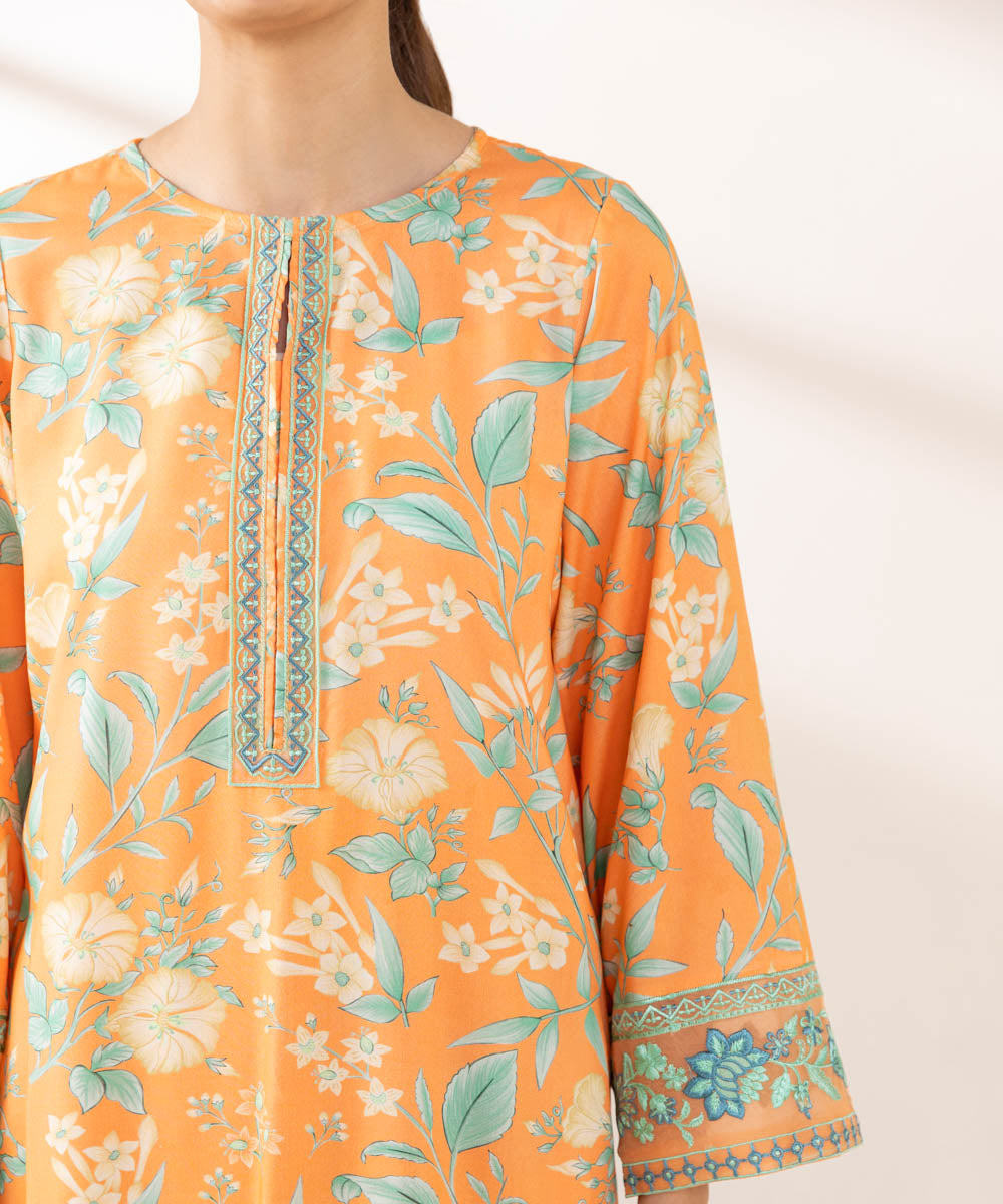 Women's Pret Arabic Lawn Embroidered Orange A-Line Shirt