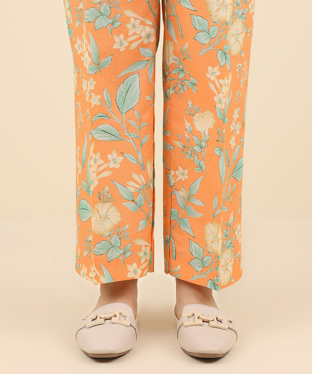 Women's Pret Cambric Orange Printed Straight Pants