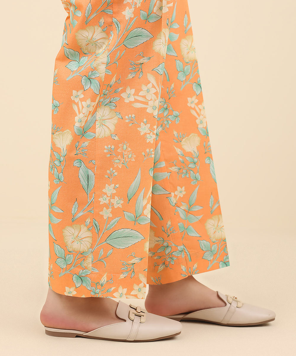 Women's Pret Cambric Orange Printed Straight Pants