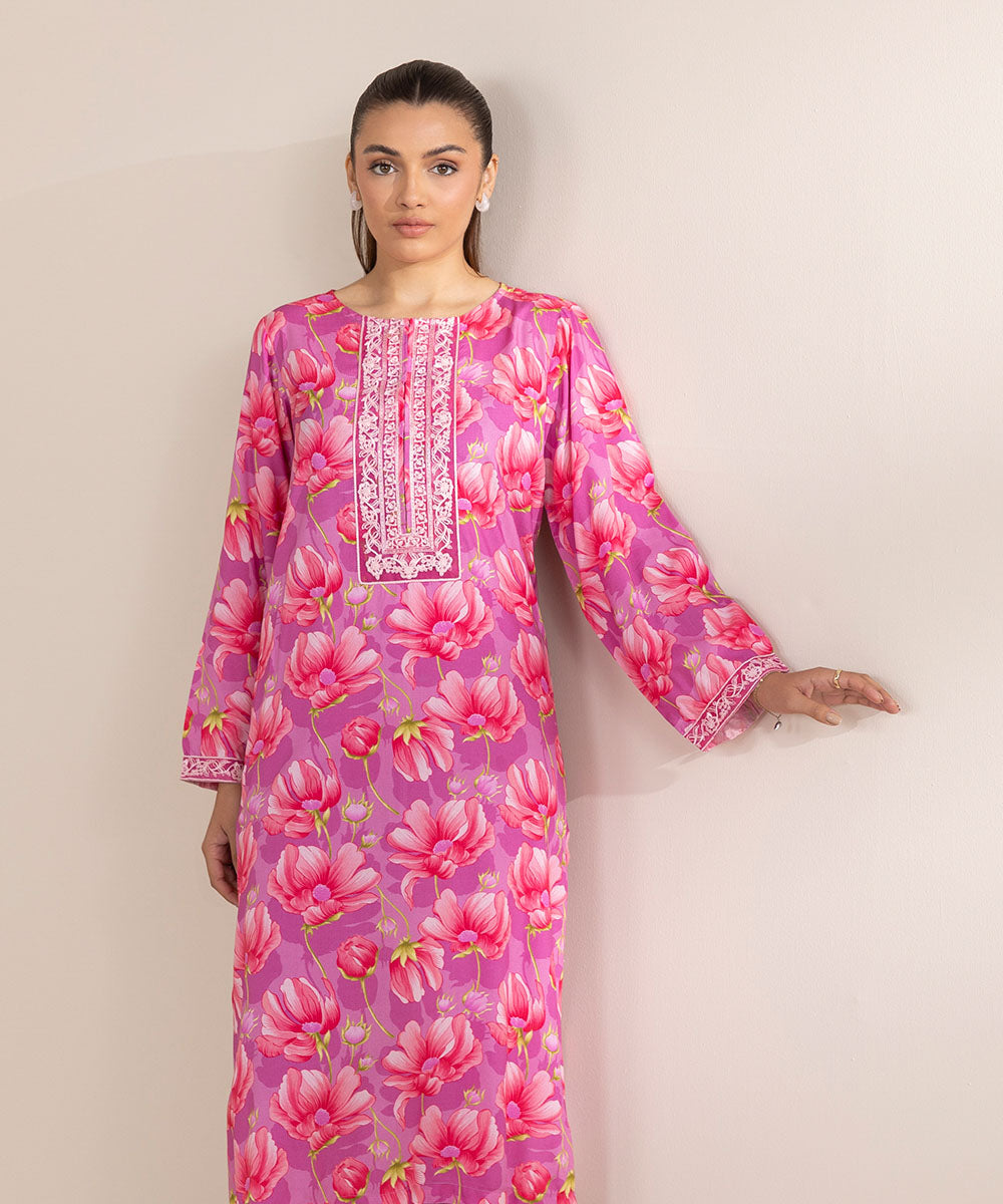 Women's Pret Arabic Lawn Embroidered Pink A-Line Shirt