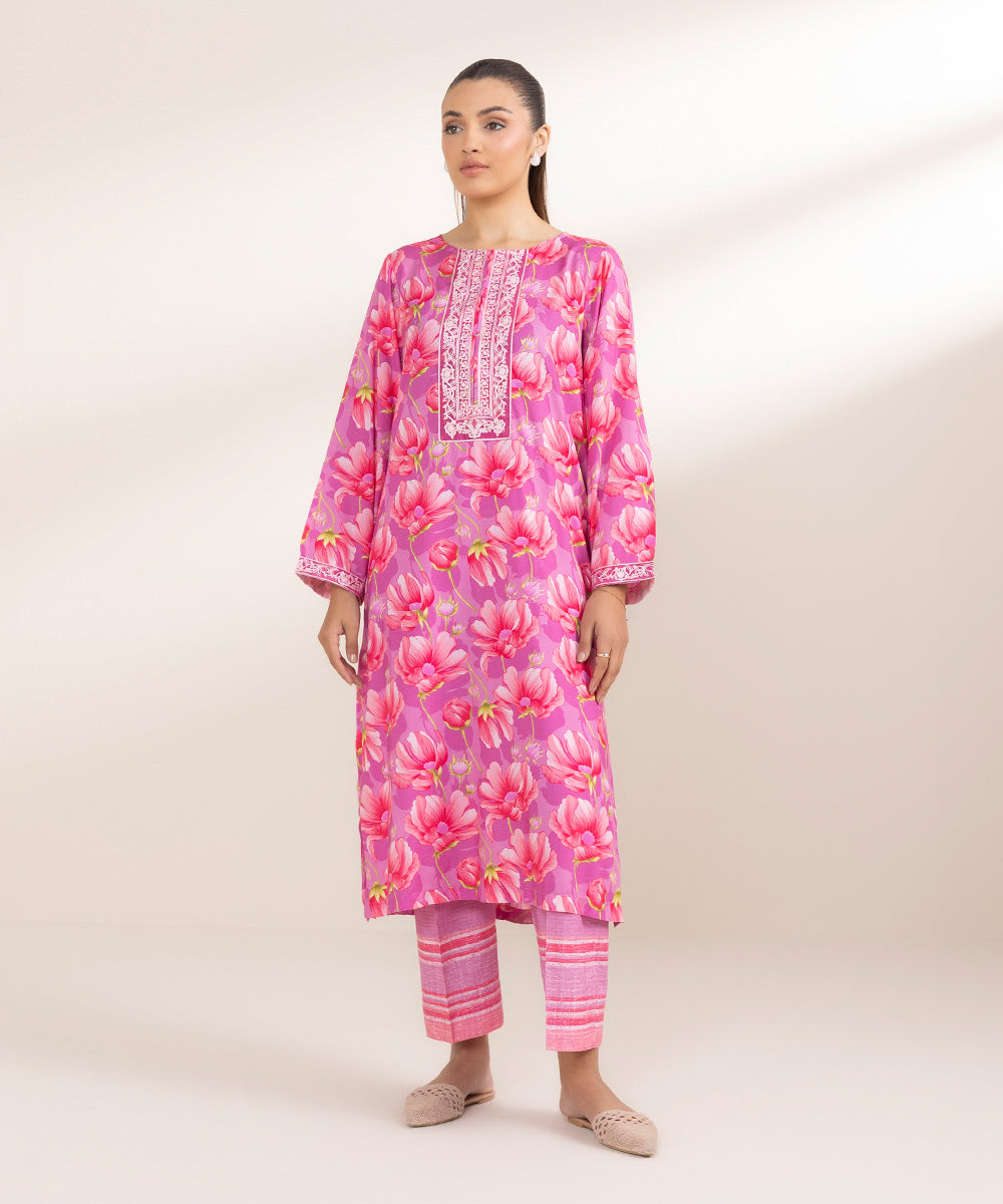 Women's Pret Arabic Lawn Embroidered Pink A-Line Shirt