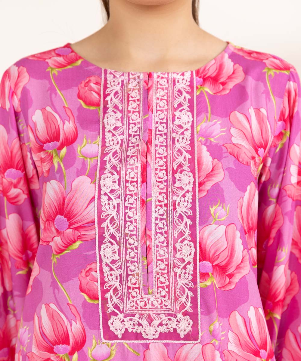 Women's Pret Arabic Lawn Embroidered Pink A-Line Shirt