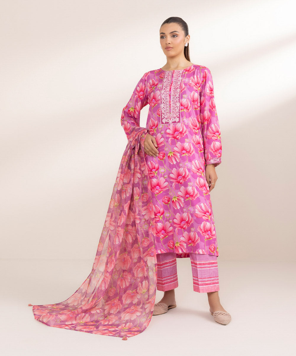 Women's Pret Arabic Lawn Embroidered Pink A-Line Shirt