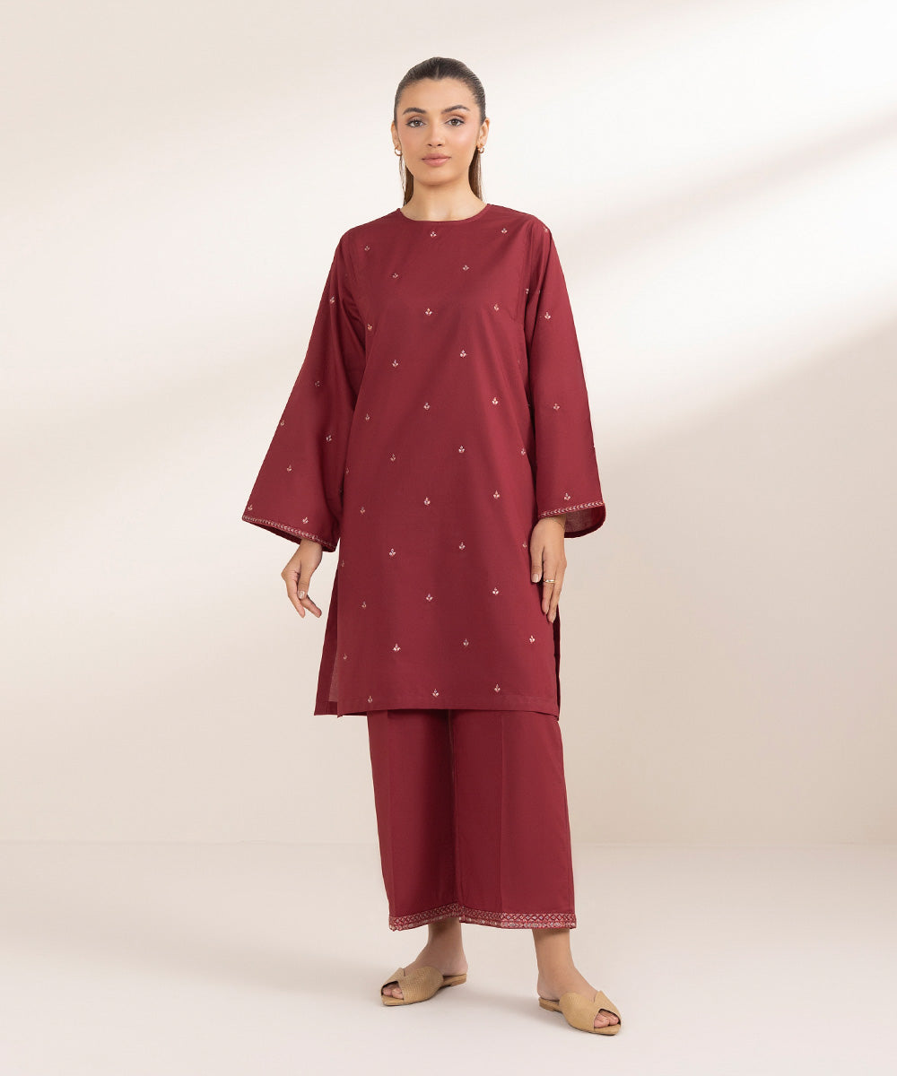 Women's Pret Cambric Embroidered Red A-Line Shirt