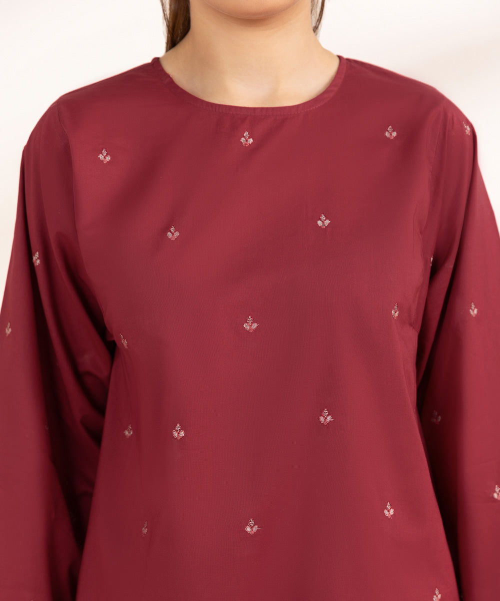 Women's Pret Cambric Embroidered Red A-Line Shirt