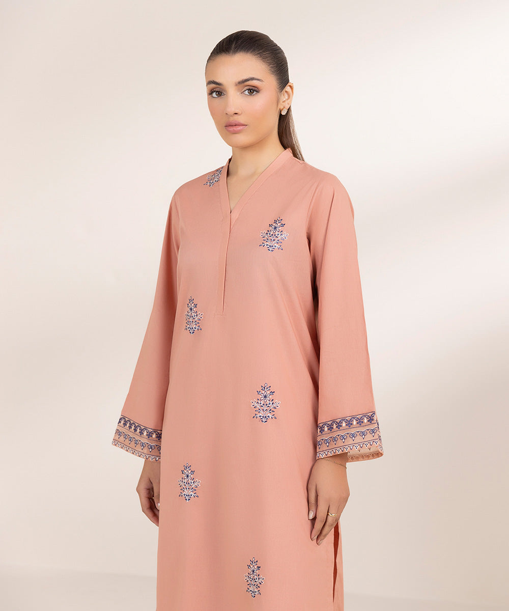 Women's Pret Cambric Embroidered Pink A-Line Shirt