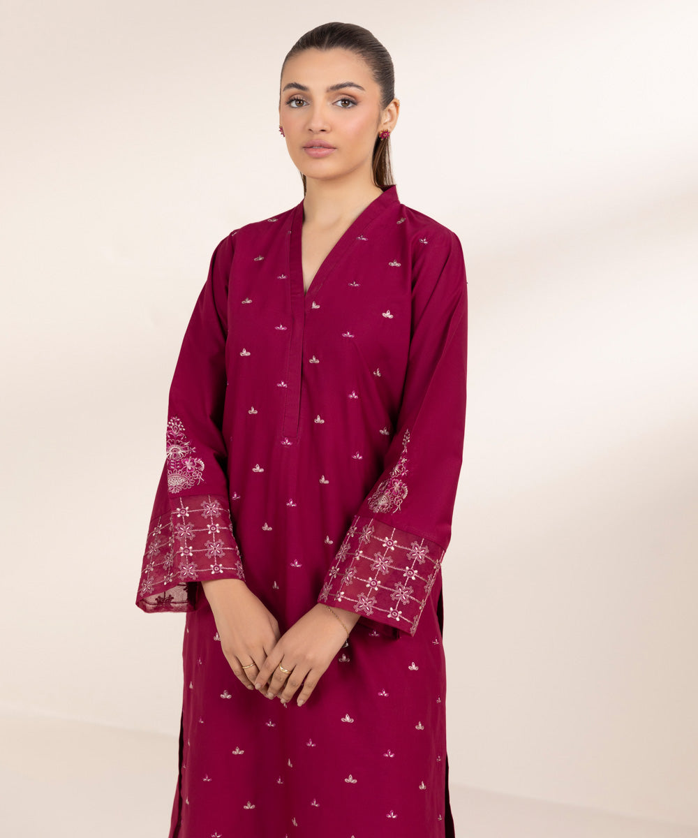 Women's Pret Cambric Embroidered Red A-Line Shirt