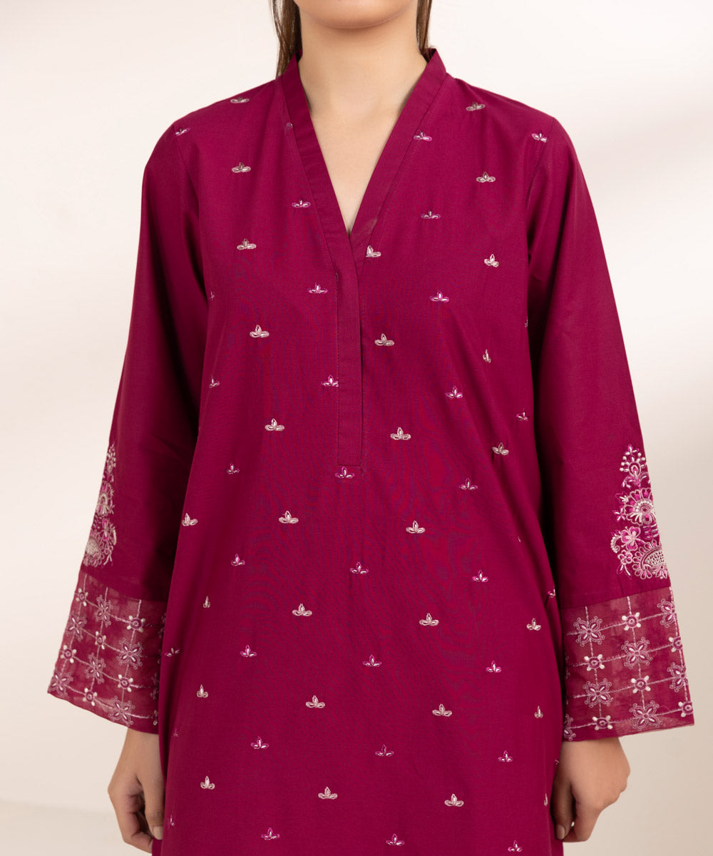 Women's Pret Cambric Embroidered Red A-Line Shirt