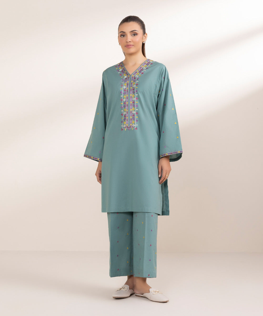 Women's Pret Cambric Embroidered Blue A-Line Shirt