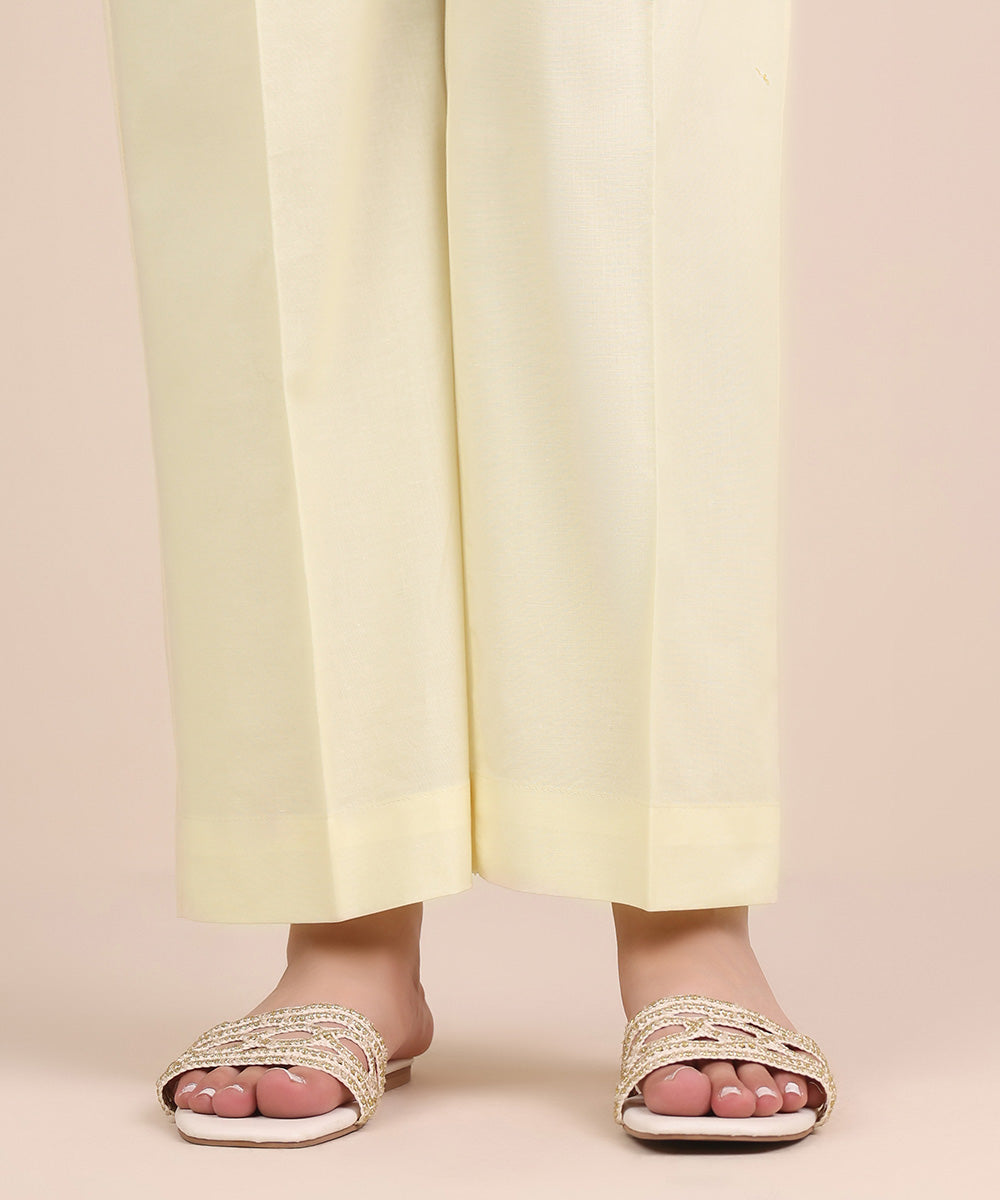 Women's RTW Cambric Off White Solid Straight Pants