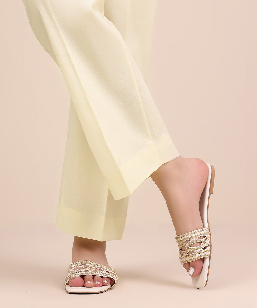 Women's RTW Cambric Off White Solid Straight Pants