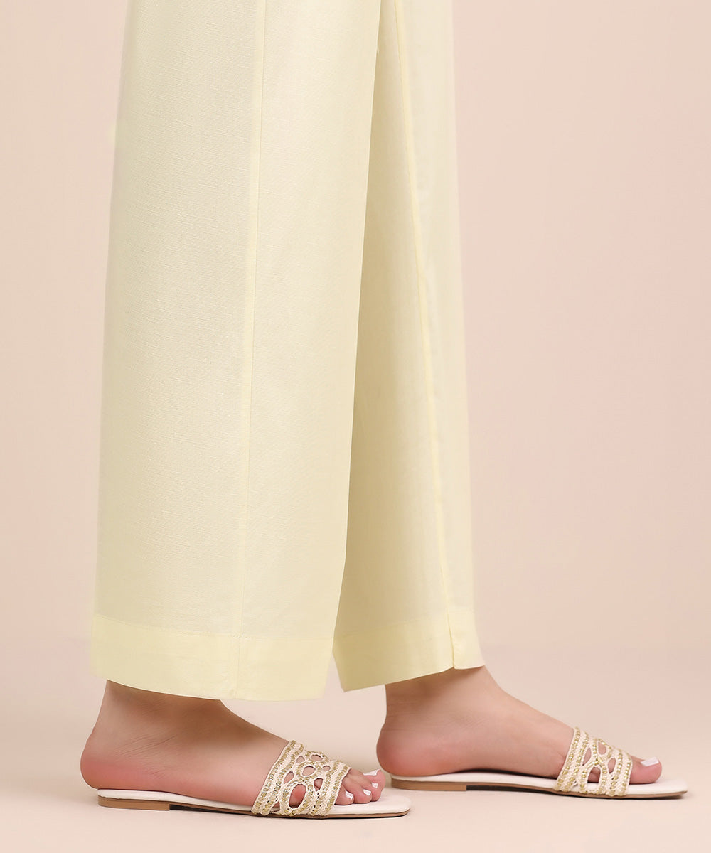Women's RTW Cambric Off White Solid Straight Pants