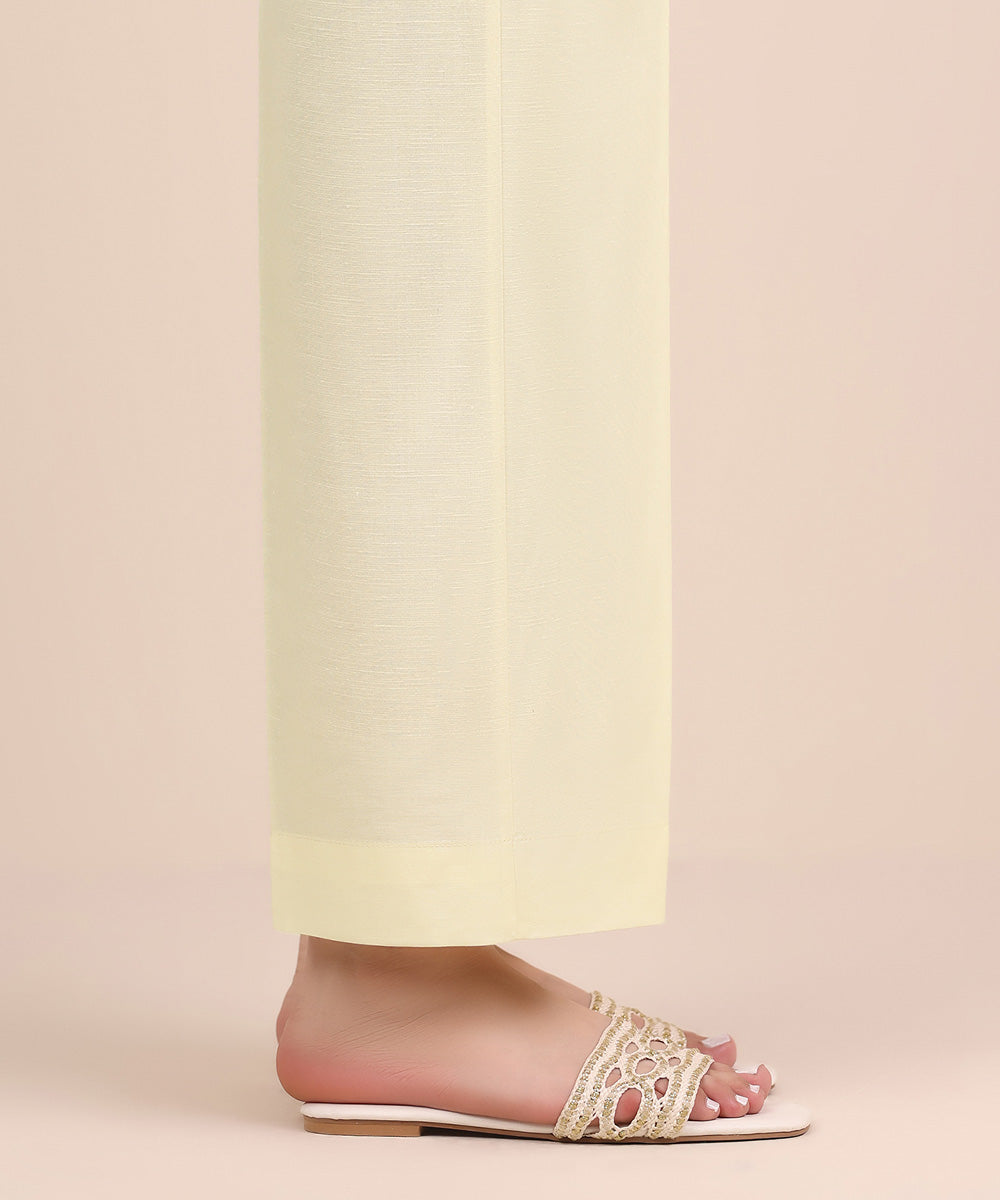 Women's RTW Cambric Off White Solid Straight Pants