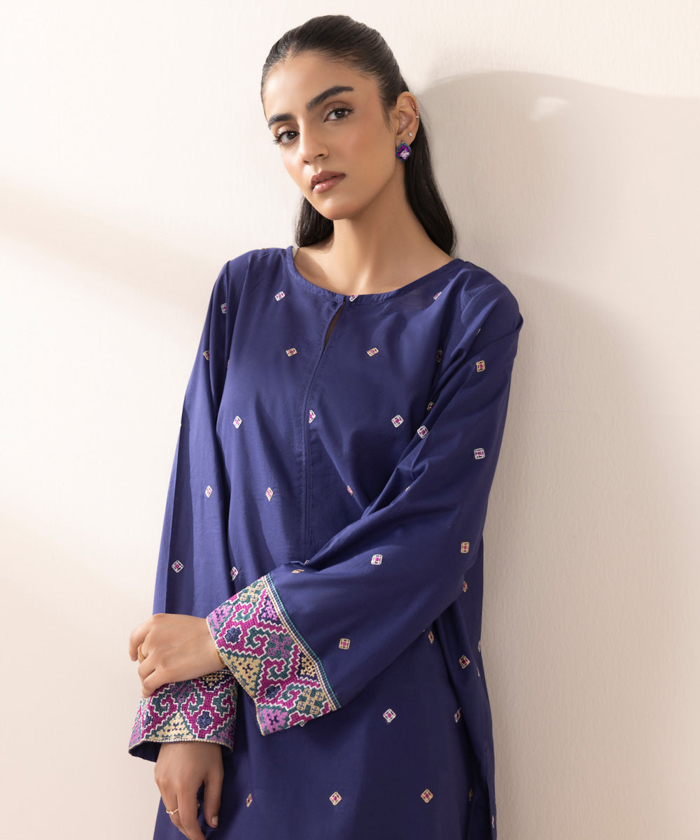 Women's RTW Lawn Blue Embroidered A-Line Shirt