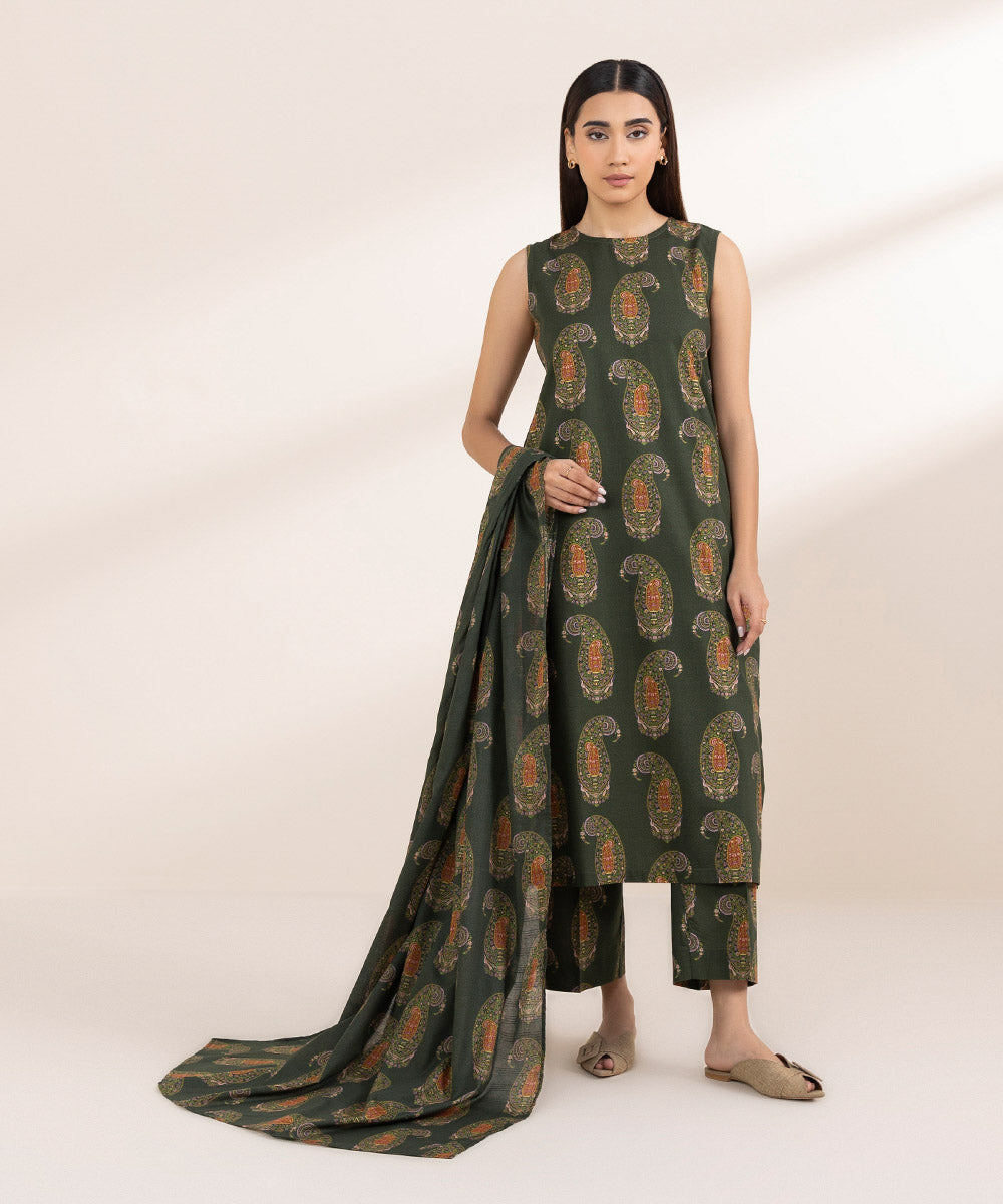 Textured Voile Green Printed Dupatta