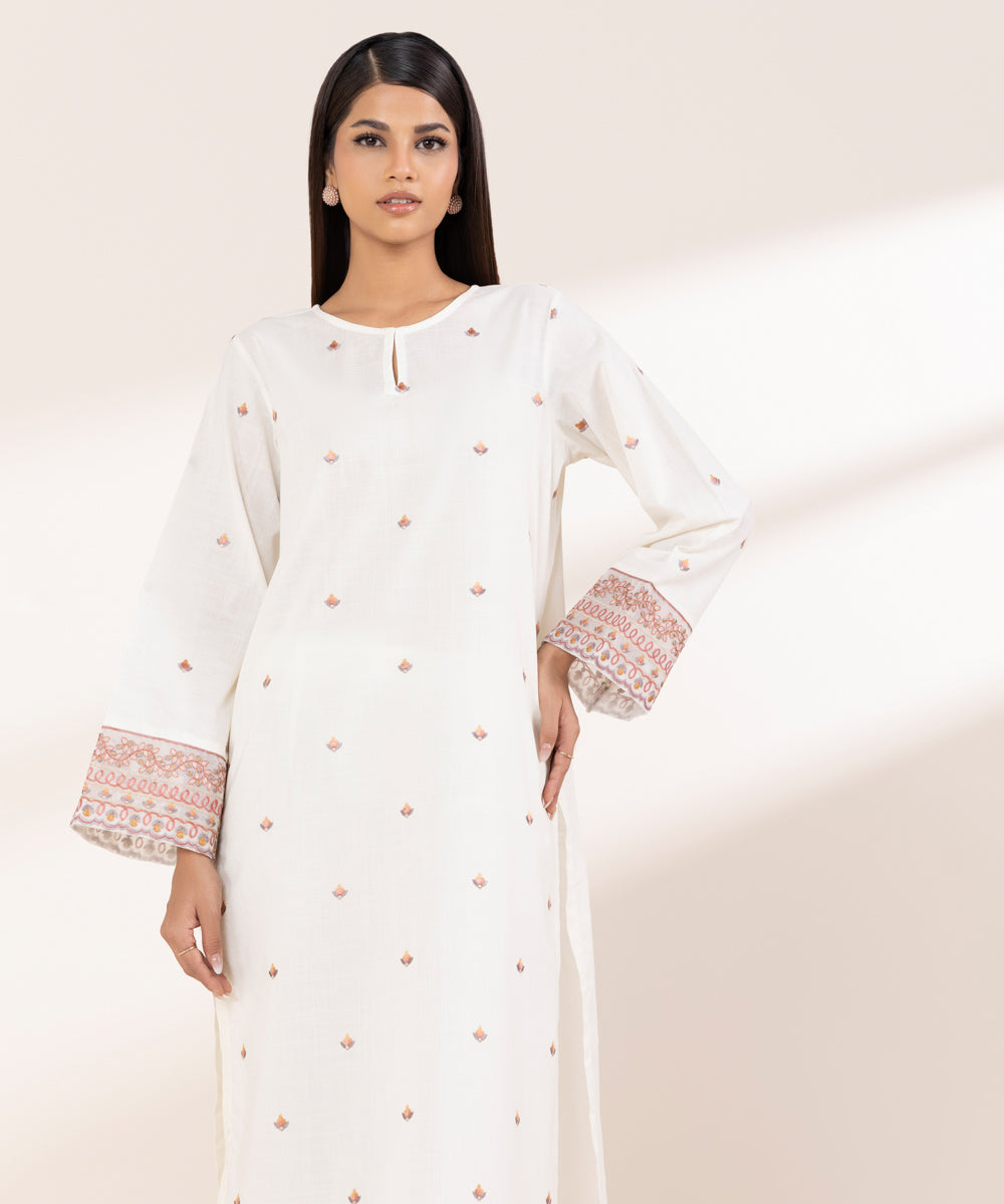 Women's RTW Cross Hatch Off White Embroidered A-Line Shirt