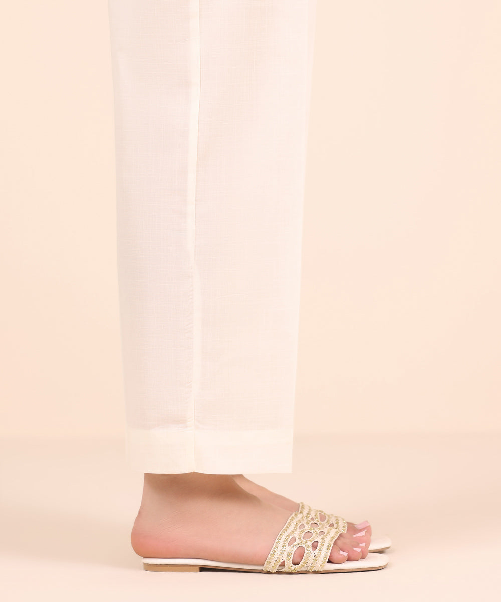Women's RTW Cross Hatch Off White Solid Straight Pants
