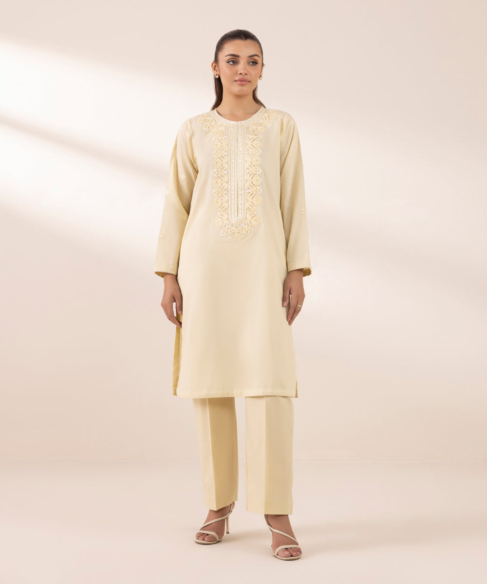 Women's RTW Dobby Beige Embroidered A-Line Shirt