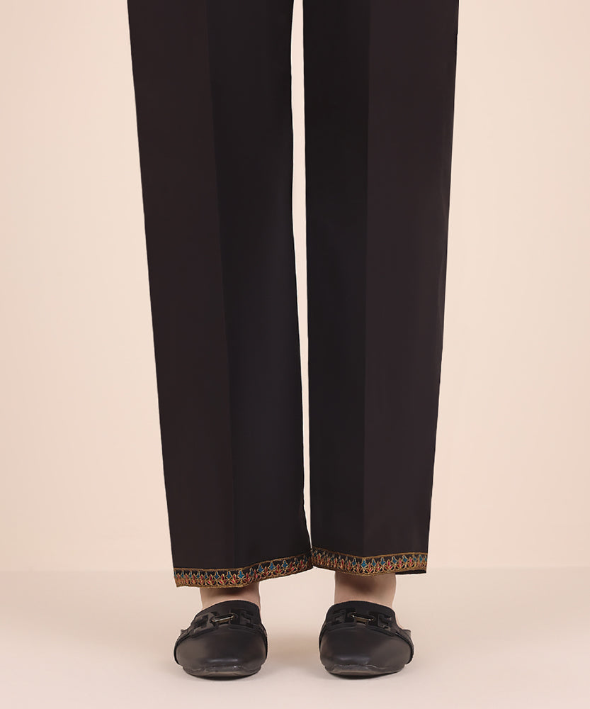 Women's Pret Solid Embroidered Black Cambric Straight Trousers