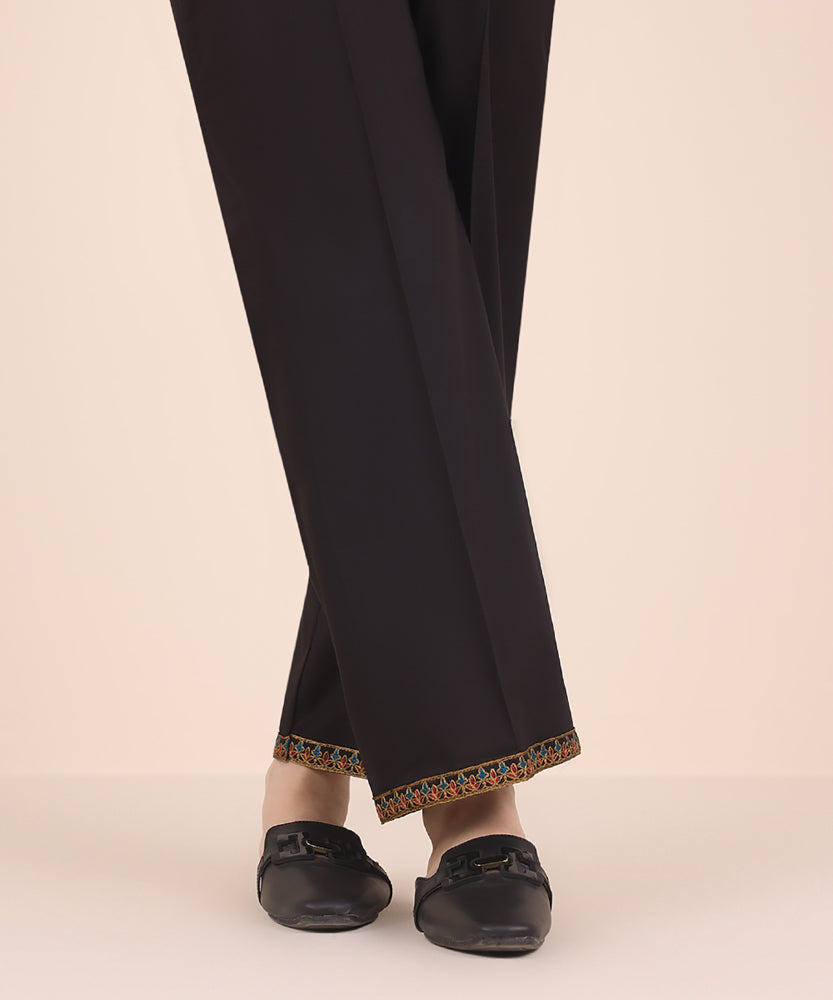 Women's Pret Solid Embroidered Black Cambric Straight Trousers