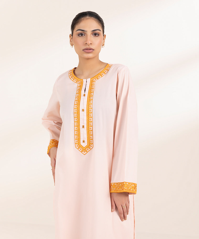 Women's Pret Solid Embroidered Soft Pink Cambric A Line Shirt