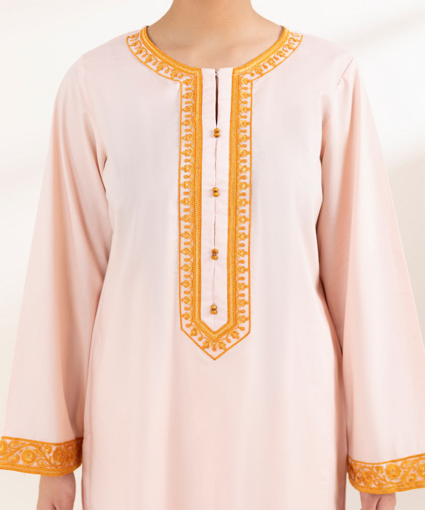 Women's Pret Solid Embroidered Soft Pink Cambric A Line Shirt