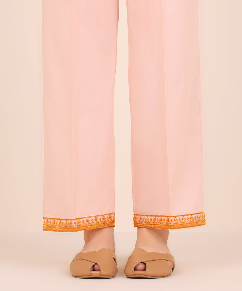 Women's Pret Solid Embroidered Soft Pink Cambric Straight Trousers