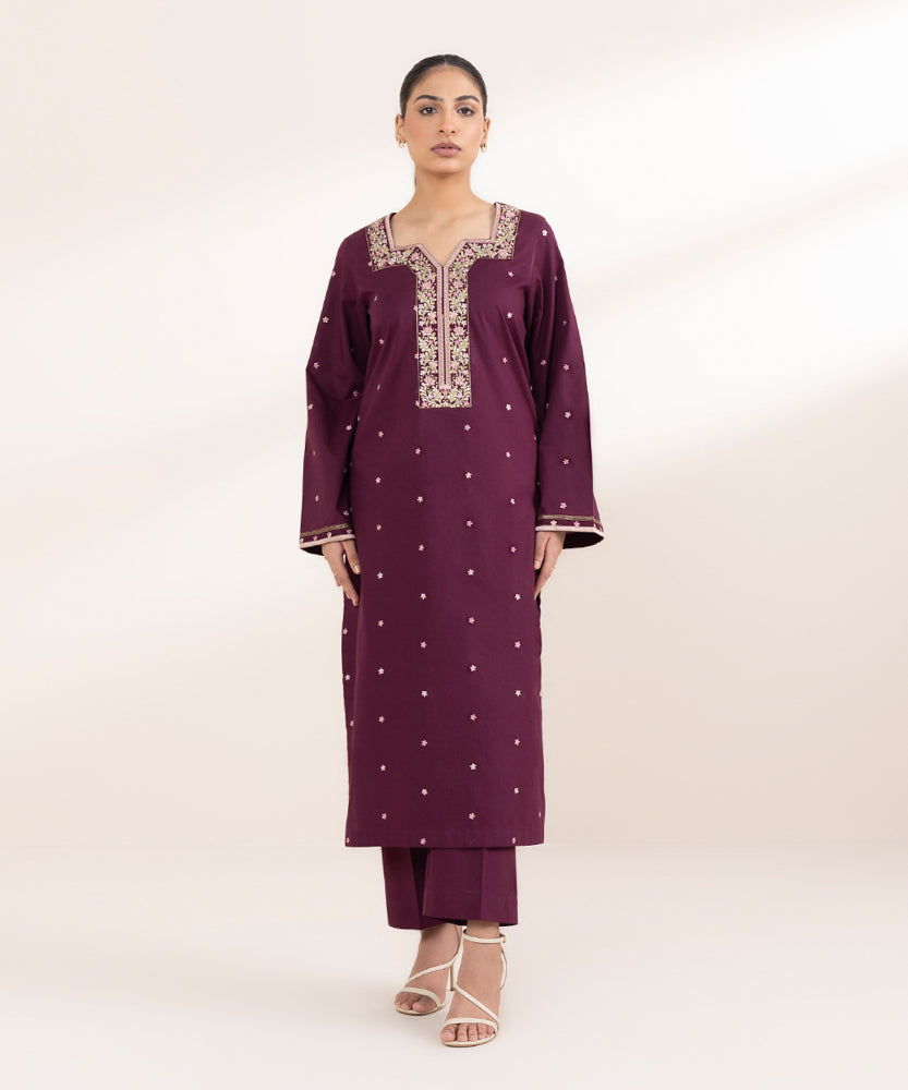 Women's Pret Solid Embroidered Plum Cambric A Line Shirt