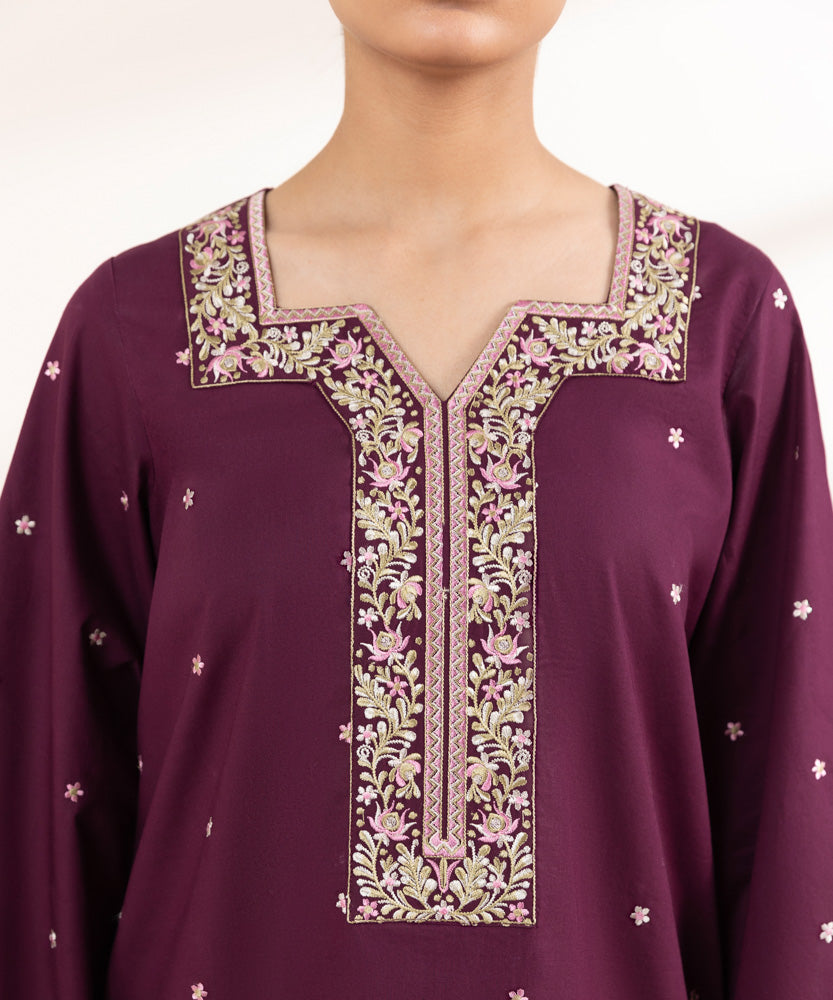 Women's Pret Solid Embroidered Plum Cambric A Line Shirt