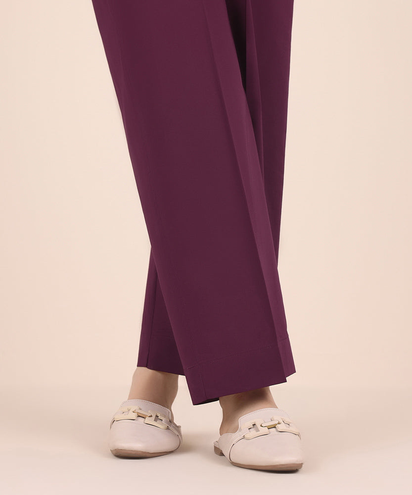 Women's Pret Solid Plum Cambric Straight Trousers