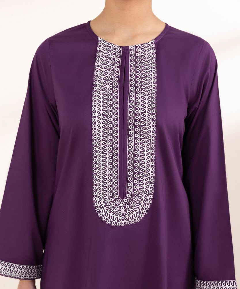 Women's Pret Solid Embroidered Eggplant Purple Cambric A Line Shirt