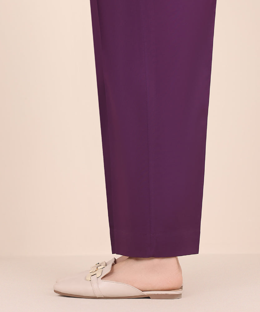 Women's Pret Solid Eggplant Purple Cambric Straight Trousers