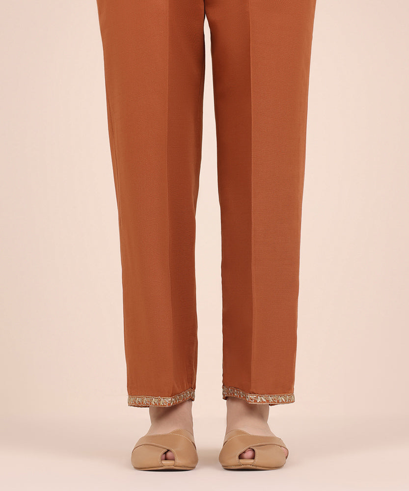 Women's Pret Solid Embroidered Rust Brown Light Khaddar Straight Trousers