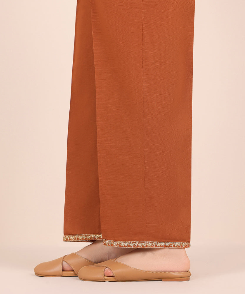 Women's Pret Solid Embroidered Rust Brown Light Khaddar Straight Trousers