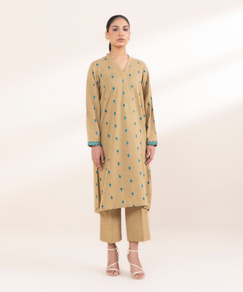 Women's Pret Solid Embroidered Tan Light Khaddar A Line Shirt