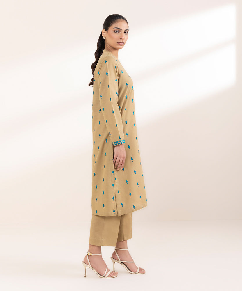 Women's Pret Solid Embroidered Tan Light Khaddar A Line Shirt