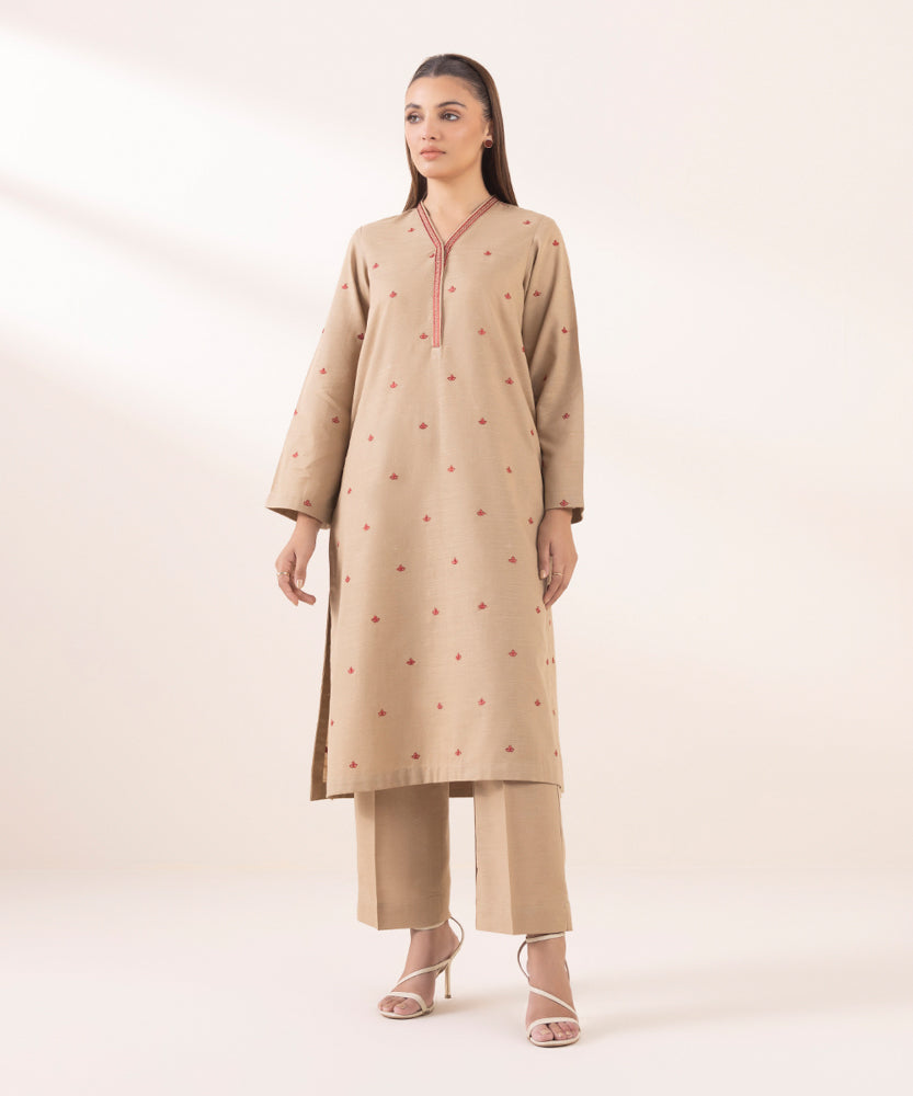 Women's Pret Solid Embroidered Tan Khaddar A Line Shirt