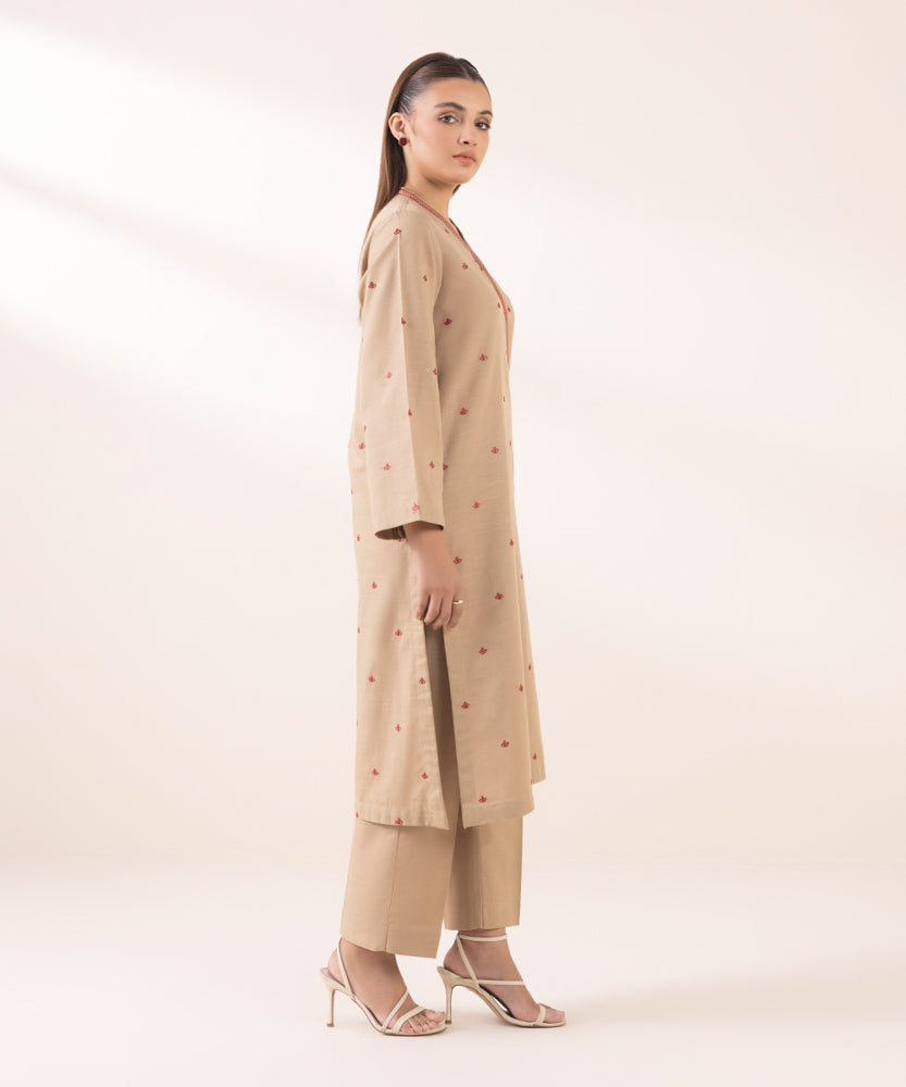 Women's Pret Solid Embroidered Tan Khaddar A Line Shirt