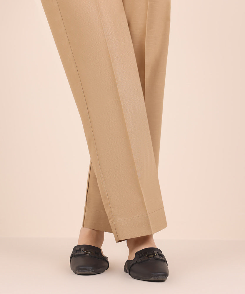 Women's Pret Solid Tan Khaddar Straight Trousers